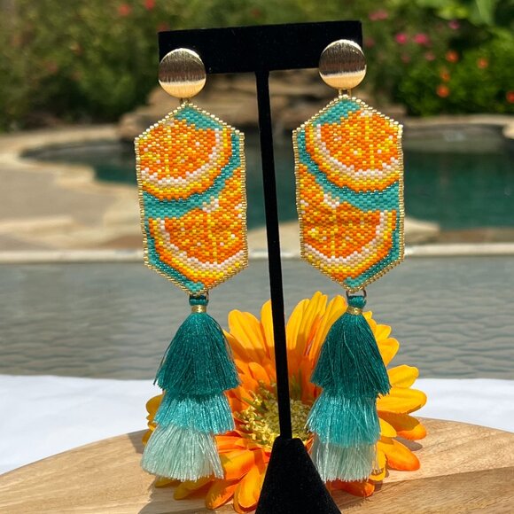 Handmade Beaded Orange Slices Long Tassel Fringe Dangle Drop Post Earrings Wow! - Picture 7 of 11